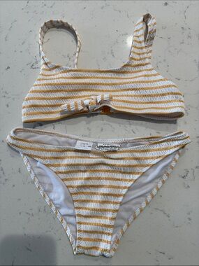 Zara White and Mustard Striped Knot-Front Bikini